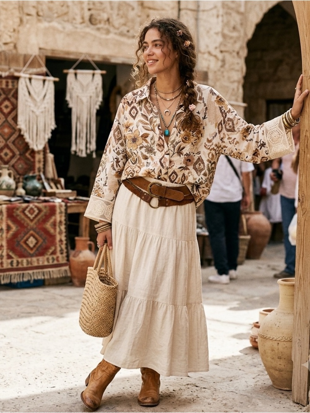 Zara Beige Floral Print Button-Up Blouse
